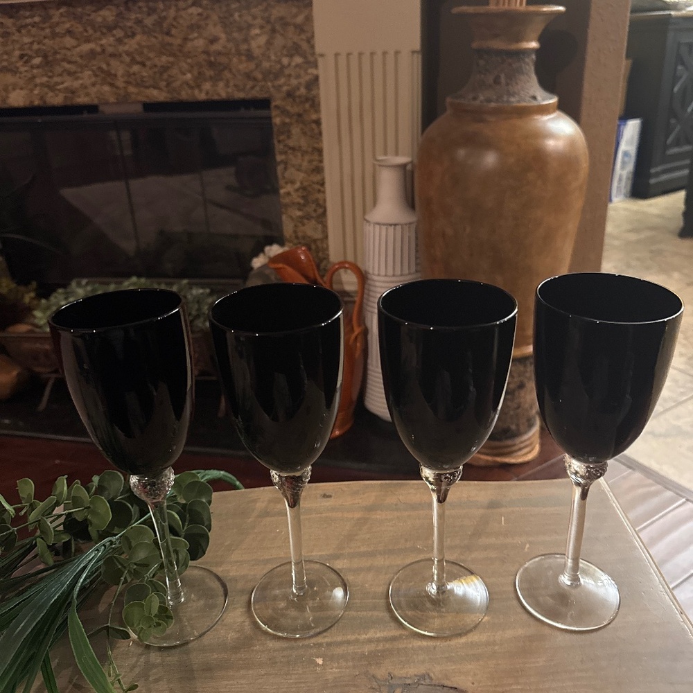 (4) Black Diamond By Circleware Crystal Wine Glasses Goblets Diamond Pattern
